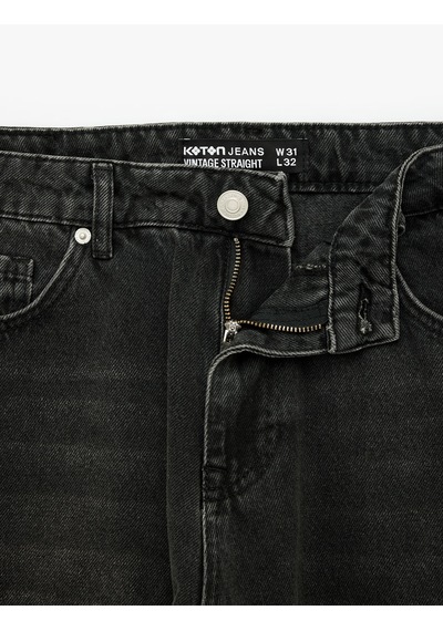 Koton Normal Bel Cepli Pamuklu Vintage Straight Fit Jean Pantolon Siyah 7wam40386nd
