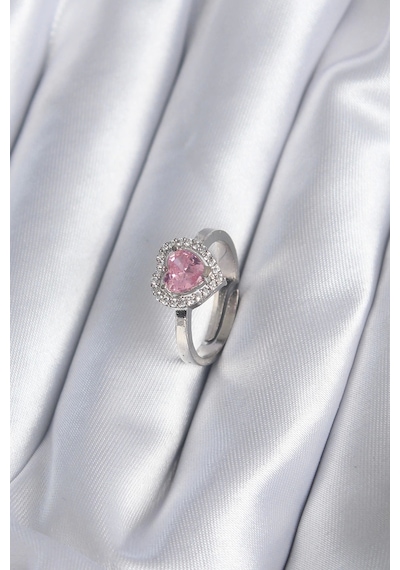 Pirinç Gümüş Renk Pembe Zirkon Taşlı Charm Model Kadın Yüzük Çok Renkli