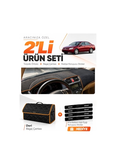 Honda Accord 2002-2008 Uyumlu Torpido Örtüsü + Deri Bagaj Çantası + Sticker - Siyah Kahverengi