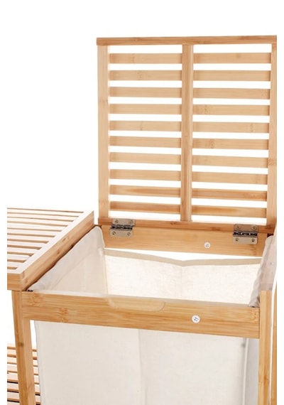 Bambu 3 Raflı Kirli Çamaşır Sepeti Kapaklı & Kumaş Torbalı Doğal Ahşap Banyo Düzenleyici Bej