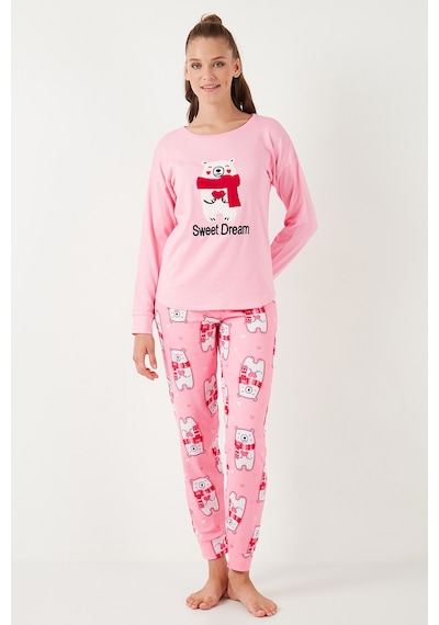 Lela Streç Standart Fit Bisiklet Yaka Desenli Bayan Pijama Takımı 6095700 Pembe