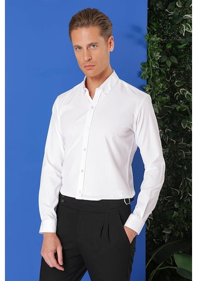 Efor Slim Fit Düğmeli Yaka Pamuklu Klasik Beyaz Gömlek Gk 714 Beyaz