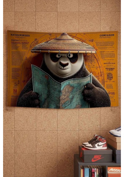 Kung Fu Panda Po Harita Ve Gezgin Temalı Dekoratif Duvar Örtüsü Duvar Halısı Beyaz
