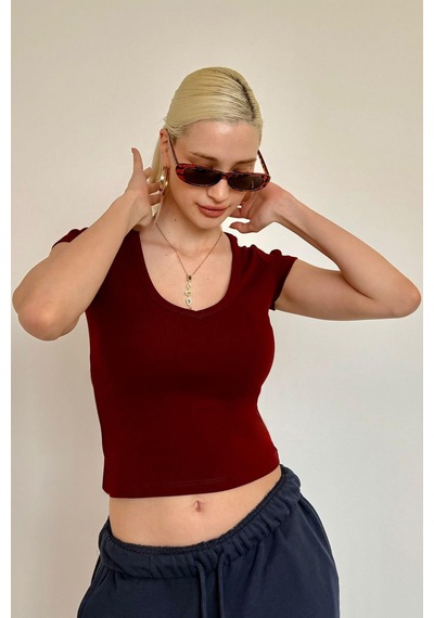 Bordo V Yaka Basic Kadın Tişört Mg2450