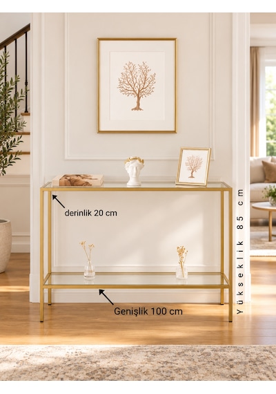 Teknor Gold Metal Gövdeli Şeffaf Camlı Dekoratif Konsol 100 20 85 Cm