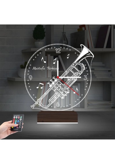 Luvivia Trompet Enstrüman Müzik Nota Kişiye Özel Saatli 3d Lamba - Masa Gece Lambası Şeffaf