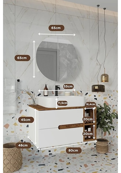 Koza Beyaz 80 Cm Banyo Dolabı+ayna+lavabo Beyaz