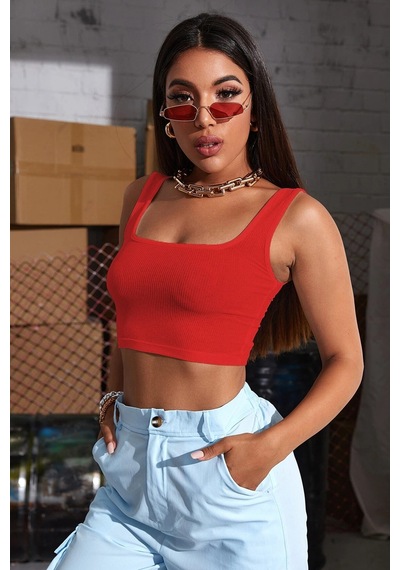Moda Dua Kadın Kırmızı Kalın Askılı Crop Top Büstiyer