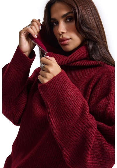 Kadın Bordo W6-35 Oversize Fermuarlı Triko Kazak