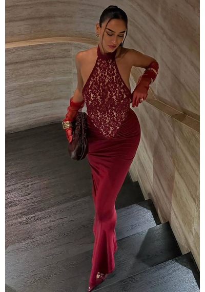 Poliana Dantel Gece Elbisesi - Bordo Bordo