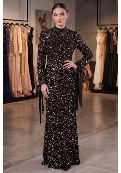 Dorne Moda Payetli Kemer Detaylı Uzun Kollu Balık Model Abiye Elbise Gümüş Gümüş