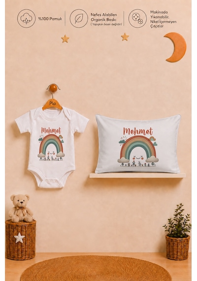 Pia Baby İsimli Erkek Bebek Hediye Seti %100 Pamuk Organik Baskılı Body Yastık Kılıfı Ve Ham Bez Bebek Kıyafet Kesesi 1083byk6x Ekru