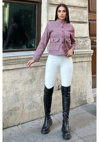 Bordo Dik Yaka, Çift Kapaklı Cep, Kısa Kesim, Diagonal Kaşe Ceket Bordo