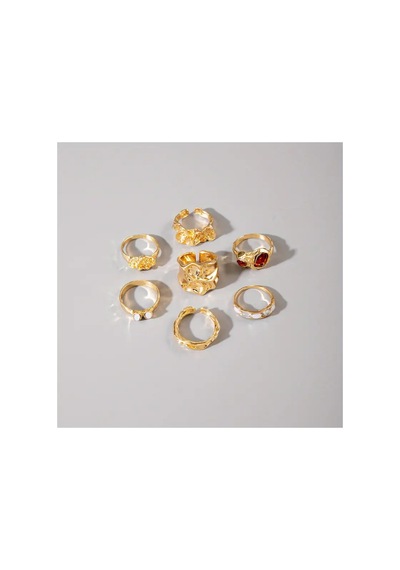Rimelyn - 7 Adet Kristal Taşlı Düzensiz Geometrik Tasarım Vintage Çoklu Gold Altın Yüzük Seti