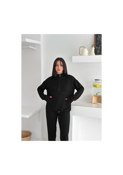 Gugus Kadın Yarım Fermuarlı Model Beli Lastikli Dar Paça Eşofman Takımı Siyah