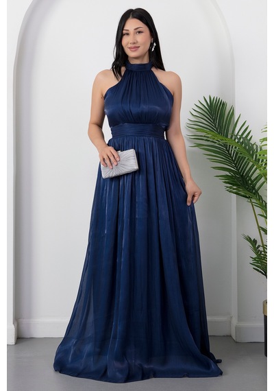Kalopya Halter Yaka Şifon Elbise Grs4128 Lacivert