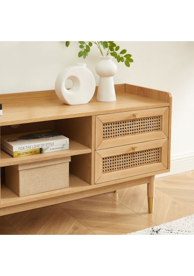 Scandi Tarzı Tv Ünitesi Bombong 180 Cm, Ahşap & Rattan Detaylı Açık Ceviz