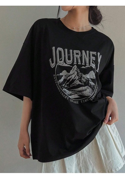 Journey Süprem T-shirt - Siyah Baskılı Oversize Bisiklet Yaka Tişört Siyah