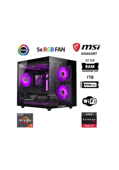 Xaser Cube X30 R7-5700X 32 GB 1 TB M.2 Nvme SSD 16 GB RX9060 Xt Free Dos Masaüstü Oyuncu Bilgisayarı