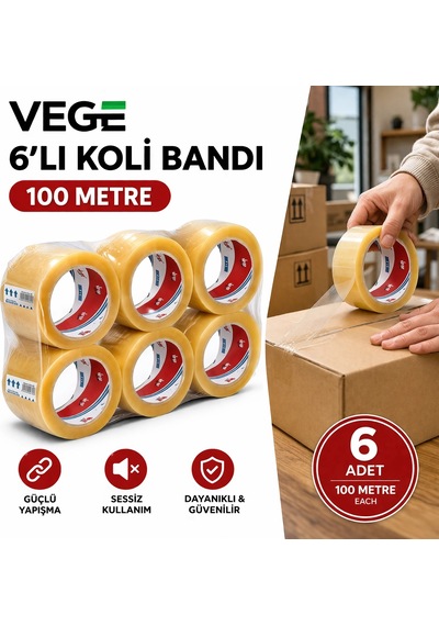 Vege Fil - Vege Aslan 6 Lı Koli Bandı 100 Metre Şeffaf Güçlü Yapışkan Paketleme Bandı