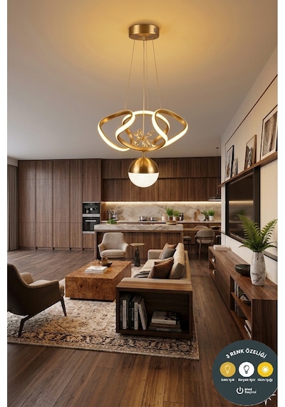 Model 3 Renkli Modern Gold Led Sarkıt Avize - Alt Küre Aydınlatmalı Salon Mutfak Avizesi