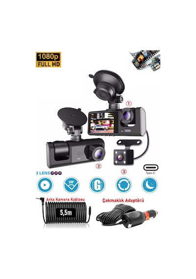 Pro Cc33 1080p Full Hd Araç Içi Kamera Ön Arka Ve Iç Kayıt 3 Kamera Gece Görüşlü G Sensör Geniş Açı