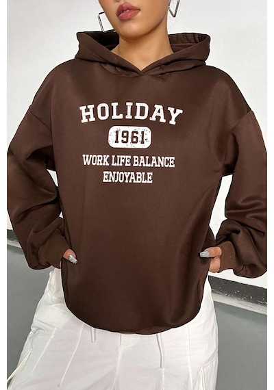 Uyguntarz Holiday Baskılı Unisex Oversize Sweatshirt Kahverengi