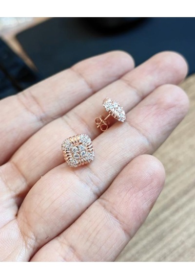 Beyaz Taşlı Kare Gümüş Küpe Pembe Altın