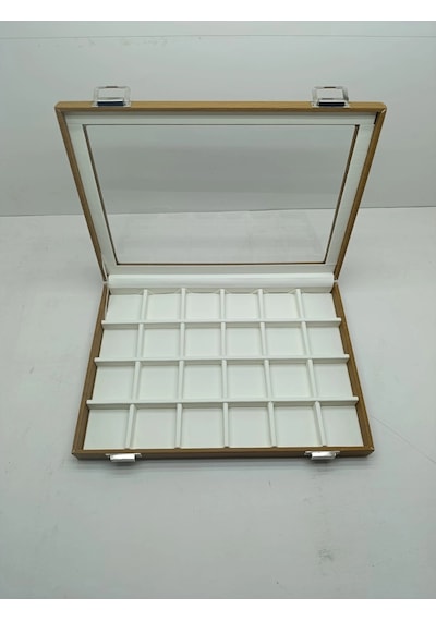 Cam Kapaklı Deri Kumaş Kahve-beyaz Renk 34 Cm / 24 Cm 24 Bölmeli Takı Sergileme Standı