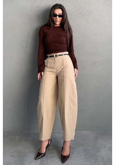 Madmext Bej Modern Kesim Kemerli Yüksek Bel Bol Paça Kumaş Pantolon Mg2618 Bej