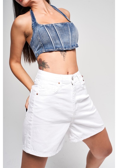 Itsbasic Kadın Beyaz Renk Diana Mom Fit Denim Şort