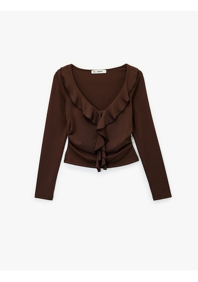 Koton Fırfır Detaylı Uzun Kollu Slim Fit V Yaka Tişört Kahverengi 6wal10543ık Kahve