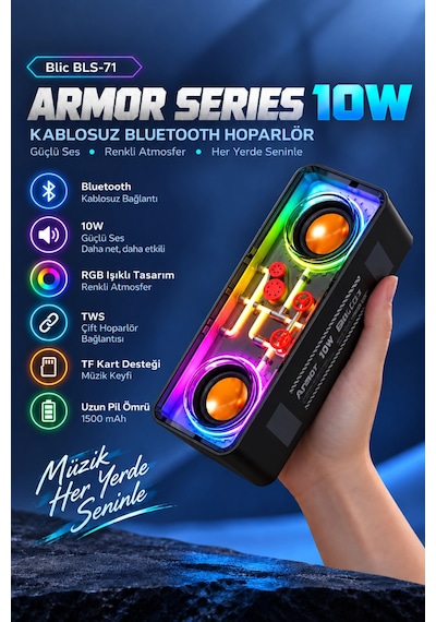Blic Bls-71 Siyah Armor Series 10w Kablosuz Rgb Bluetooth Hoparlör Tws Tf Kart Desteği