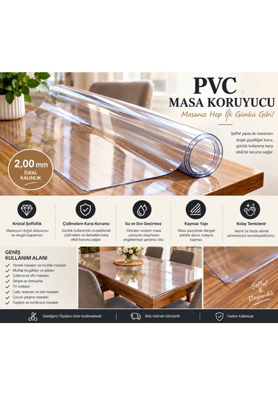 Şeffaf Masa Koruyucu Örtü 2,00 Mm Kalın Pvc Mika Masa Örtüsü Su Geçirmez Çizilmelere Karşı Koruyucu