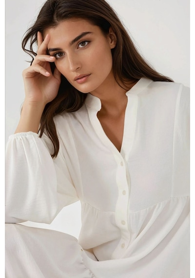 Hiccup Düğme Detaylı Dokulu Uzun Kol V Yaka Modest Elbise Beyaz
