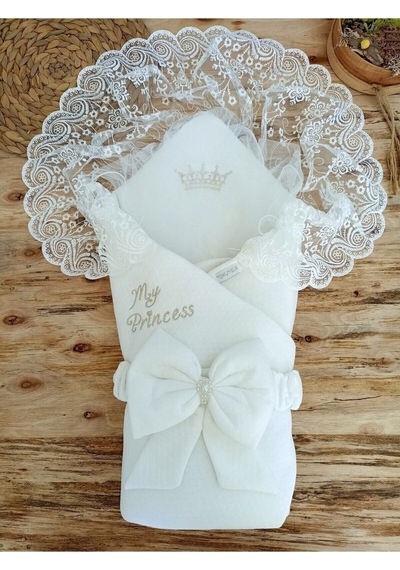 Unisex Bebek Kundağı & Battaniyesi - Ekru & Dantelli Hastane Çıkışı & Mevlütlük - %100 Pamuklu Ekru