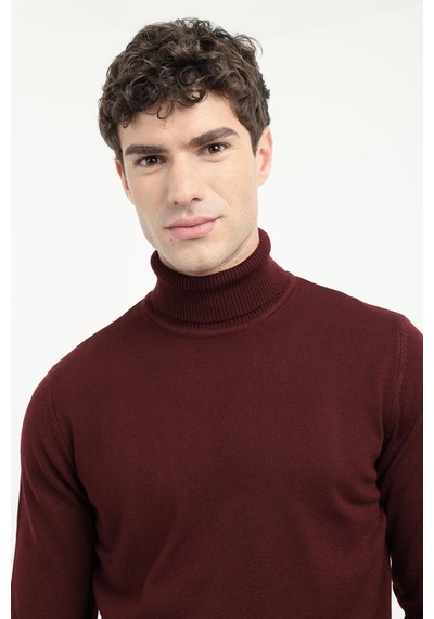 Dufy Erkek Slim Fit Tam Balıkçı Yaka Bordo Triko-16904