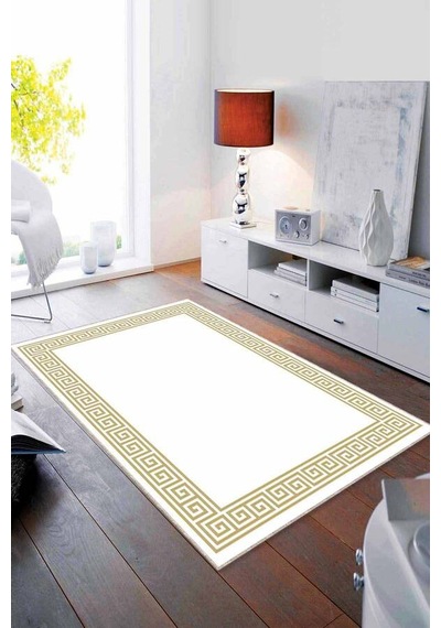 Krem Gold Çerçeveli Kaymaz Tabanlı Dekoratif Halı Rv038n11 Krem - Gold