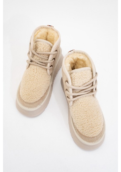 Luvishoes Luvi Shoes Tyson Bej Süet Kürklü Kalın Taban Bağcıklı Kadın Spor Bot Bej Süet