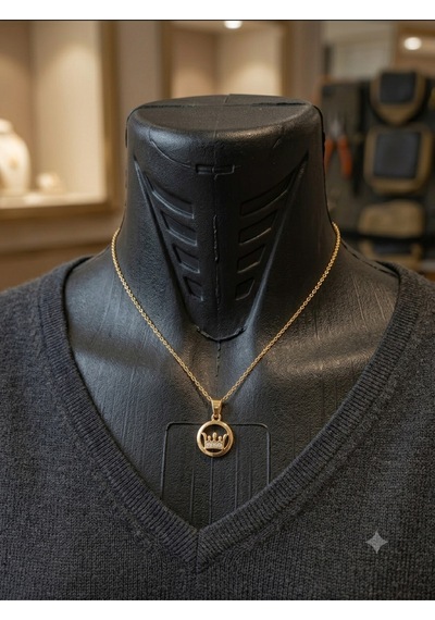 Gold Renk Zirkon Taşlı Kraliçe Tacı Figürlü Halka Kadın Çelik Kolye Altın