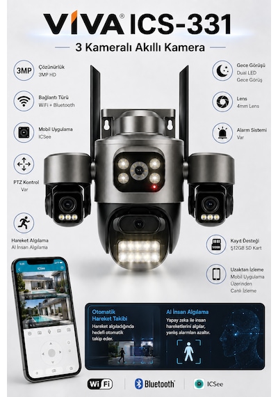 Viva Ics-331 3 Kameralı Akıllı Dış Mekan Ptz Wifi Güvenlik Kamerası 3mp Icsee Aı İnsan Takip Çift Yönlü Ses