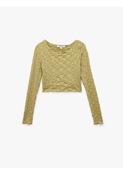 Koton Uzun Kollu Dokulu Kayık Yaka Slim Fit Crop Tişört Yeşil 6wal10091ık Yeşil