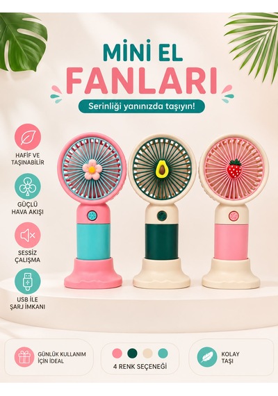 Meyve Figürlü Mini El Fanı 3 Renk Seçeneği Yeşil