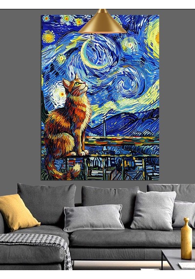 Van Gogh Temalı Manzara Ve Kedi Dekoratif Kanvas - Mdf Ahşap Tablo