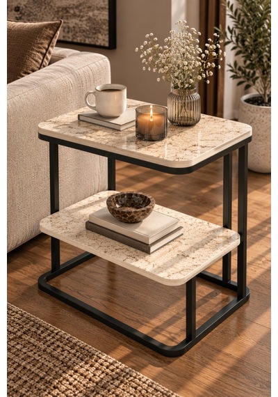 Sulorahome Ekru Traverten Desenli 2 Katlı Yan Sehpa 55 Cm