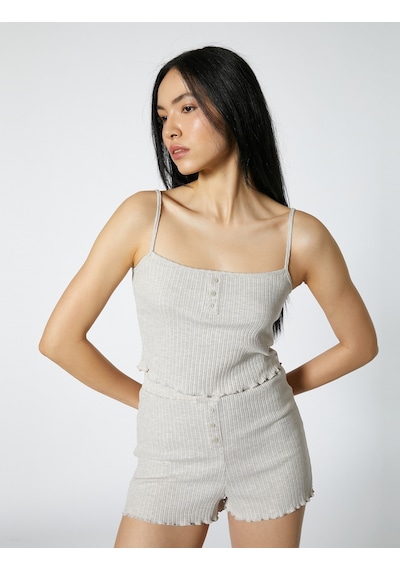Koton Askılı Pijama Üstü Crop Düğmeli Fitilli Bej Melanj 3slk90017mk 3SLK90017MKBJM