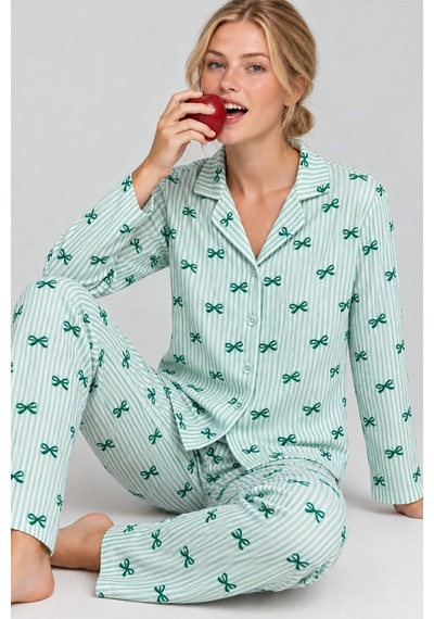 Womanandkids Yeşil Kadın Kurdela Desenli Bol Pijama Takımı 4799