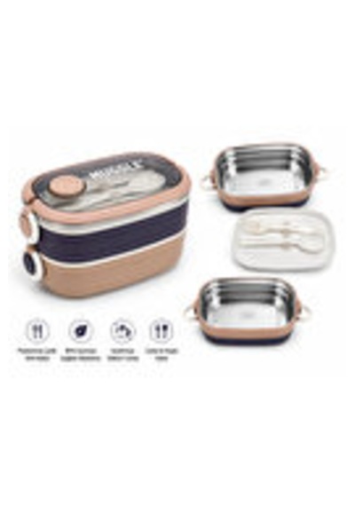Muggle Çelik Paslanmaz Lunch Box 2 Katlı Beslenme Kabı Çatal Kaşık Dahil Pembe