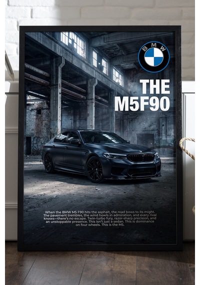 Bmw M5 F90 Siyah Ahşap Çerçeveli Poster, Dekoratif Araba Duvar Tablosu