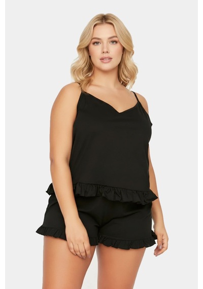 Unika Boutique Askılı Fırfır Detaylı Büyük Beden Pijama Takımı Siyah